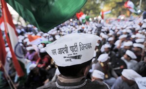 Supporters of Kejriwal leader of the newly formed Aam Aadmi (Common Man) Party attend the first party workers' meeting in New Delhi